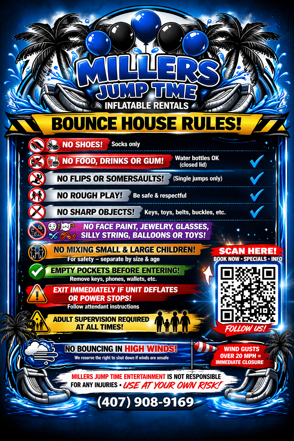 Miller's Jump Time bounce house safety rules sign with QR code, listing no shoes, no food, no flips, supervision required, and high wind warnings.