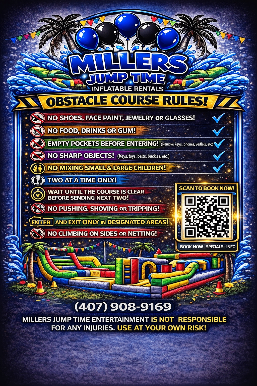 Miller's Jump Time obstacle course rules sign with QR code, listing two at a time, no pushing, designated entry and exit, and no climbing on netting.