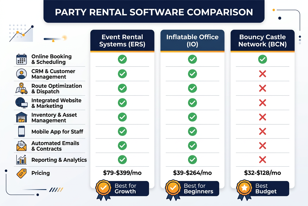 Party Rental Software Comparison Chart, Event Rental Systems vs Inflatable Office vs Bouncy Castle Network